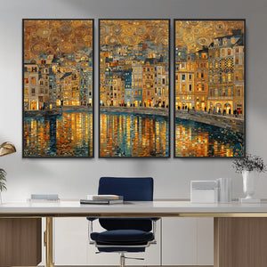 Gustav Klimt Golden Cityscape Wall Art Canvas Print, Framed