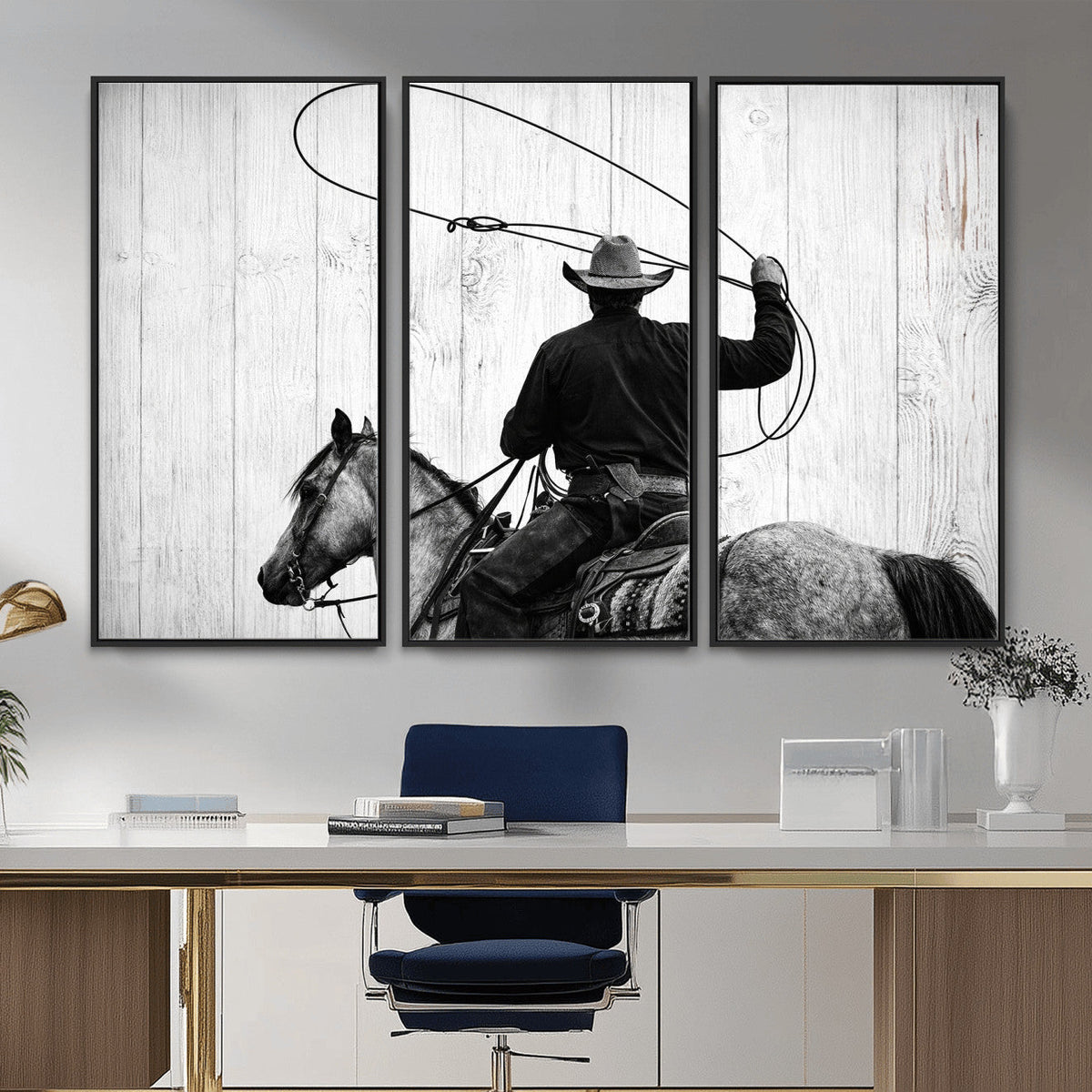 Cowboy Lasso Canvas Wall Art, Black White Western Horse
