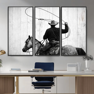 Cowboy Lasso Canvas Wall Art, Black White Western Horse