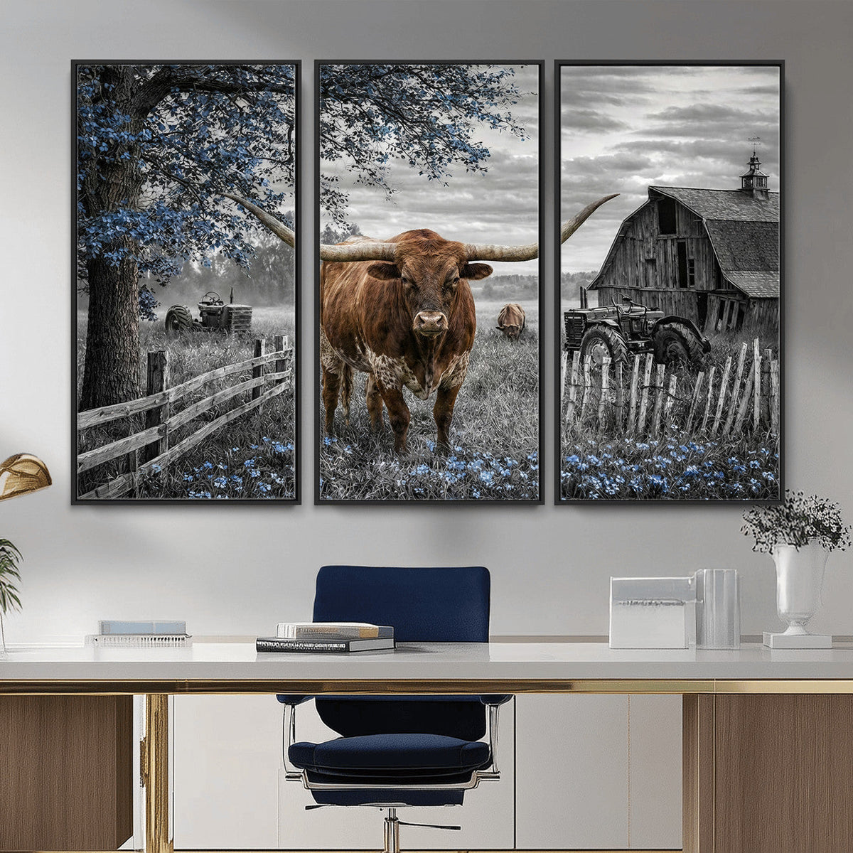 Texas Longhorn Canvas Wall Art, Rustic Farm Barn Bluebonnet
