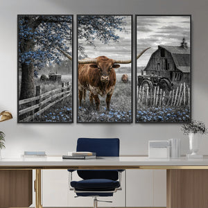 Texas Longhorn Canvas Wall Art, Rustic Farm Barn Bluebonnet