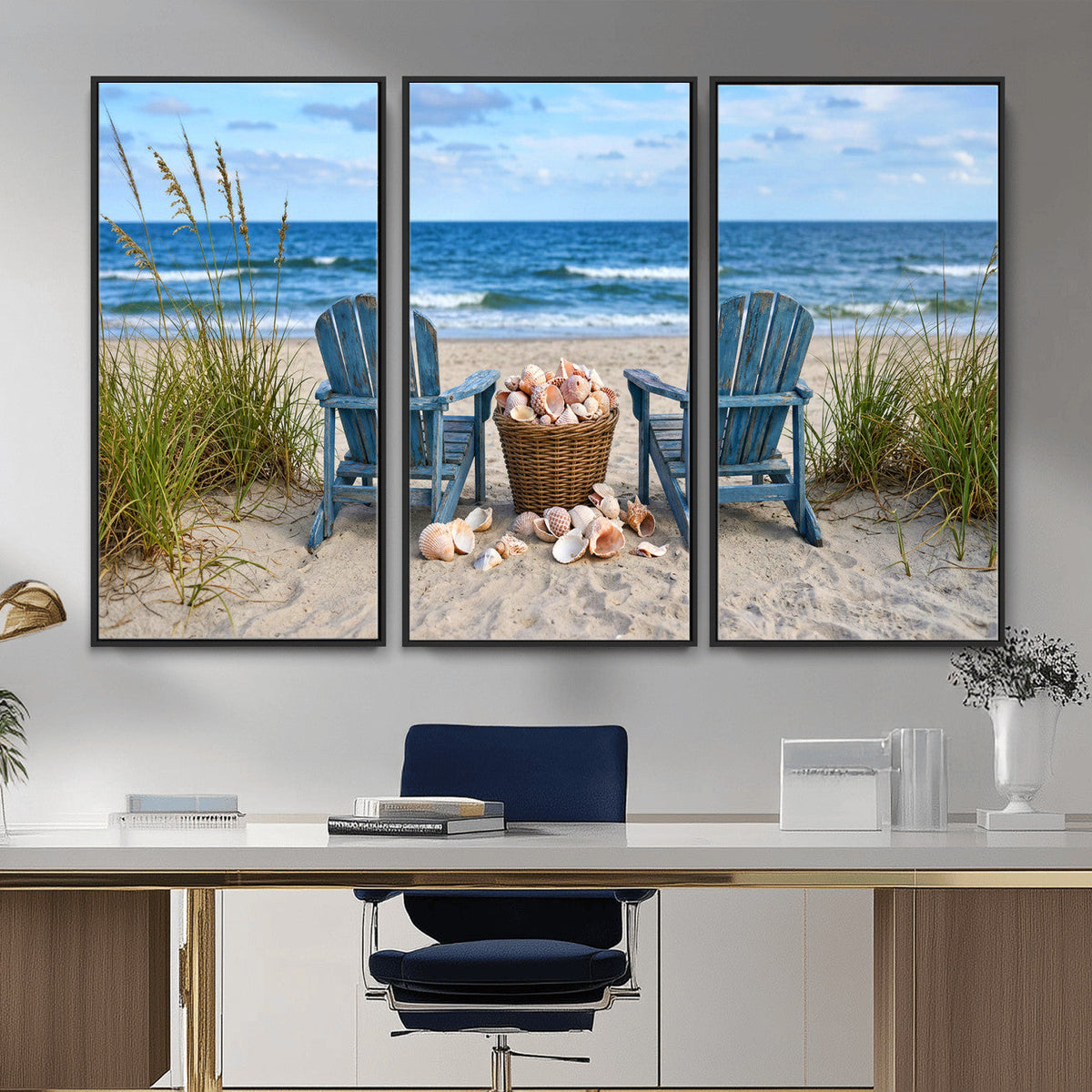 Large Beach Canvas Wall Art Coastal Adirondack Chairs Ocean