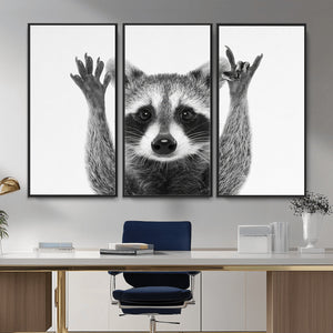 Funny Raccoon Canvas Wall Art, Black White Hands Up Animal Photo Print, Humorous Wildlife Decor, Kids Room Nursery Art, Quirky Animal Gift