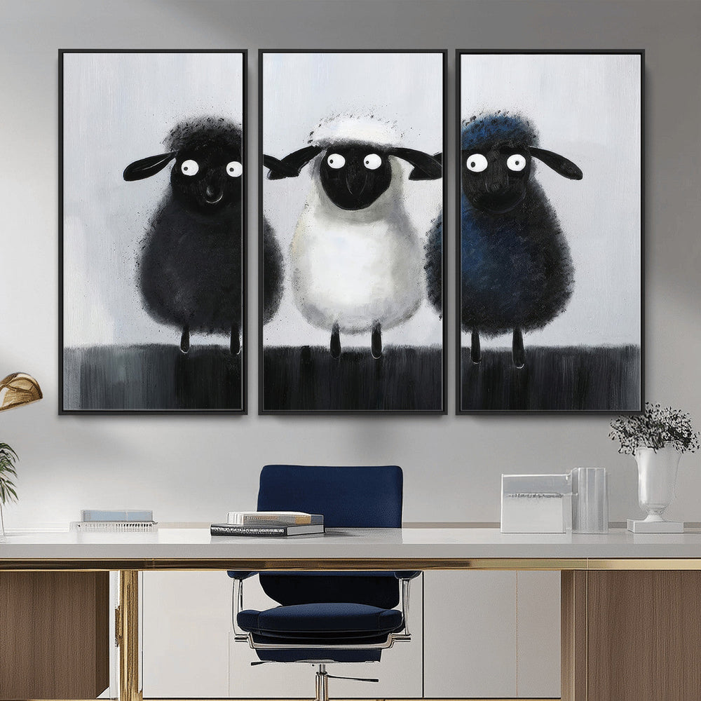 Funny Sheep Canvas Wall Art, Three Quirky Sheep Painting Print, Cute Animal Nursery Decor, Black White Navy Farmhouse Art, Kids Room Gift