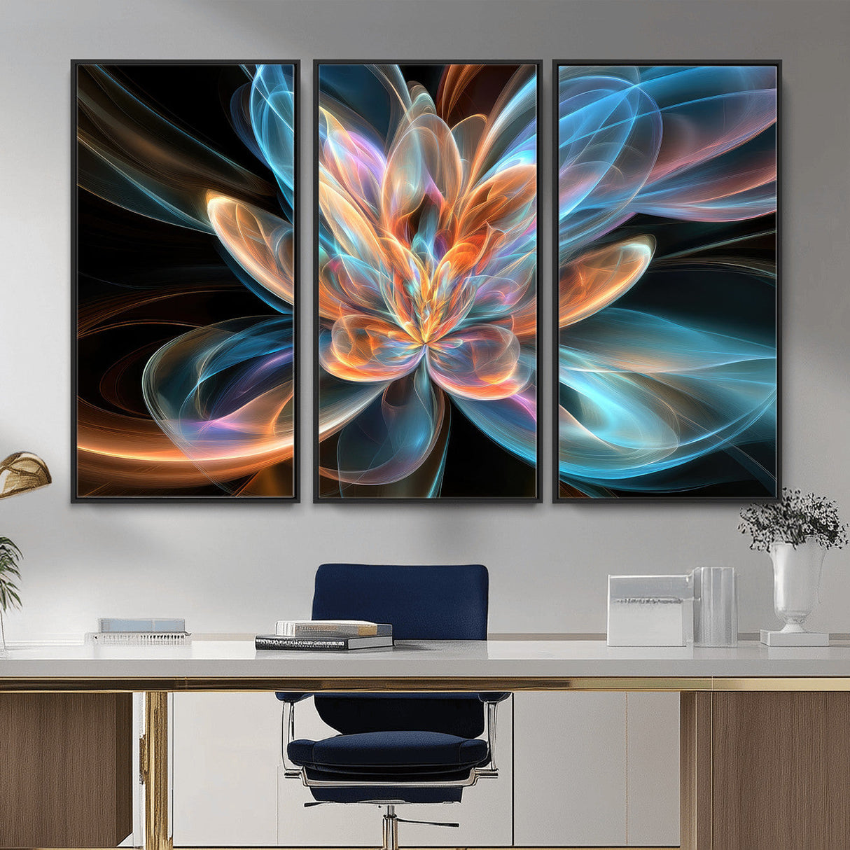 Fractal Lotus Canvas Wall Art, Blue Orange Glowing Flower Abstract Print, Modern Zen Meditation Room Decor, Ethereal Digital Art, Living Room
