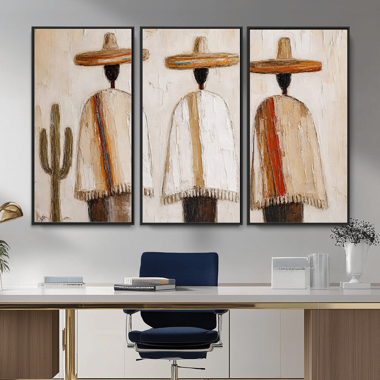Mexican Wall Art Canvas Print, Southwestern Sombrero Poncho Painting, Neutral Earthy Boho Decor, Fiesta Living Room Art, Impasto Style Print