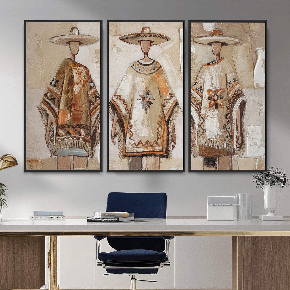 Mexican Folk Art Canvas Wall Art, Charro Poncho Sombrero Painting Print, Neutral Beige Boho Decor, Southwestern Impasto Style, Living Room Art