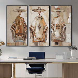 Mexican Folk Art Canvas Wall Art, Charro Poncho Sombrero Painting Print, Neutral Beige Boho Decor, Southwestern Impasto Style, Living Room Art