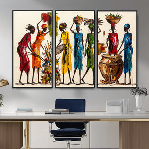 African Folk Art Canvas Wall Art, Colorful African Women Village Painting Print, Tribal Ethnic Home Decor, Vibrant African Art, Living Room