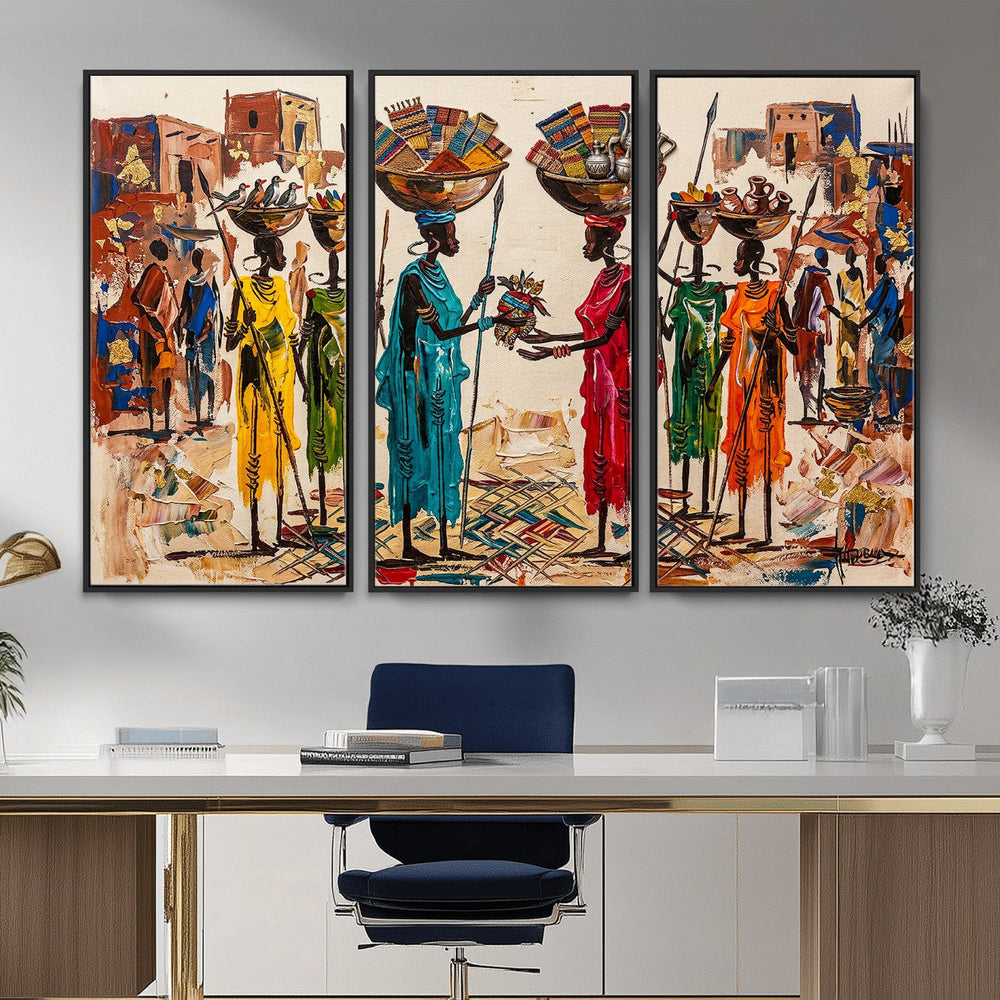 African Folk Art Canvas Wall Art, Colorful African Women Village Painting Print, Tribal Ethnic Home Decor, Vibrant African Art, Living Room