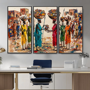 African Folk Art Canvas Wall Art, Colorful African Women Village Painting Print, Tribal Ethnic Home Decor, Vibrant African Art, Living Room