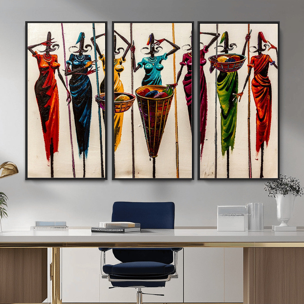 African Folk Art Canvas Wall Art, Colorful African Women Village Painting Print, Tribal Ethnic Home Decor, Vibrant African Art, Living Room
