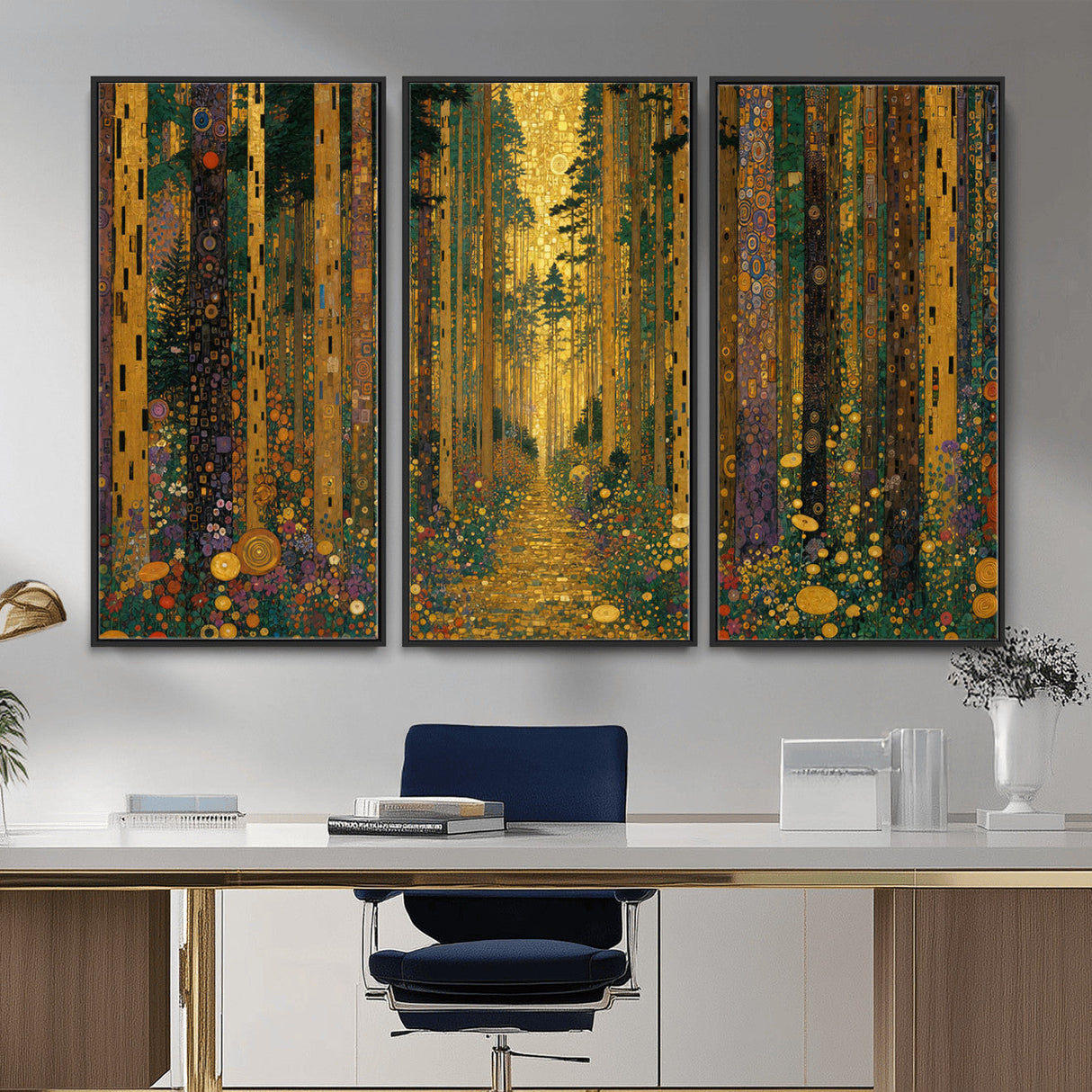 Gustav Klimt Style Forest Canvas Wall Art, Golden Forest Path Floral Art Nouveau Print, Enchanted Woodland Decor