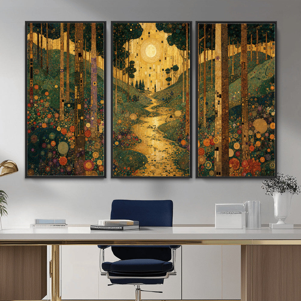 Gustav Klimt Style Forest Canvas Wall Art, Golden Forest Path Floral Art Nouveau Print, Enchanted Woodland Decor
