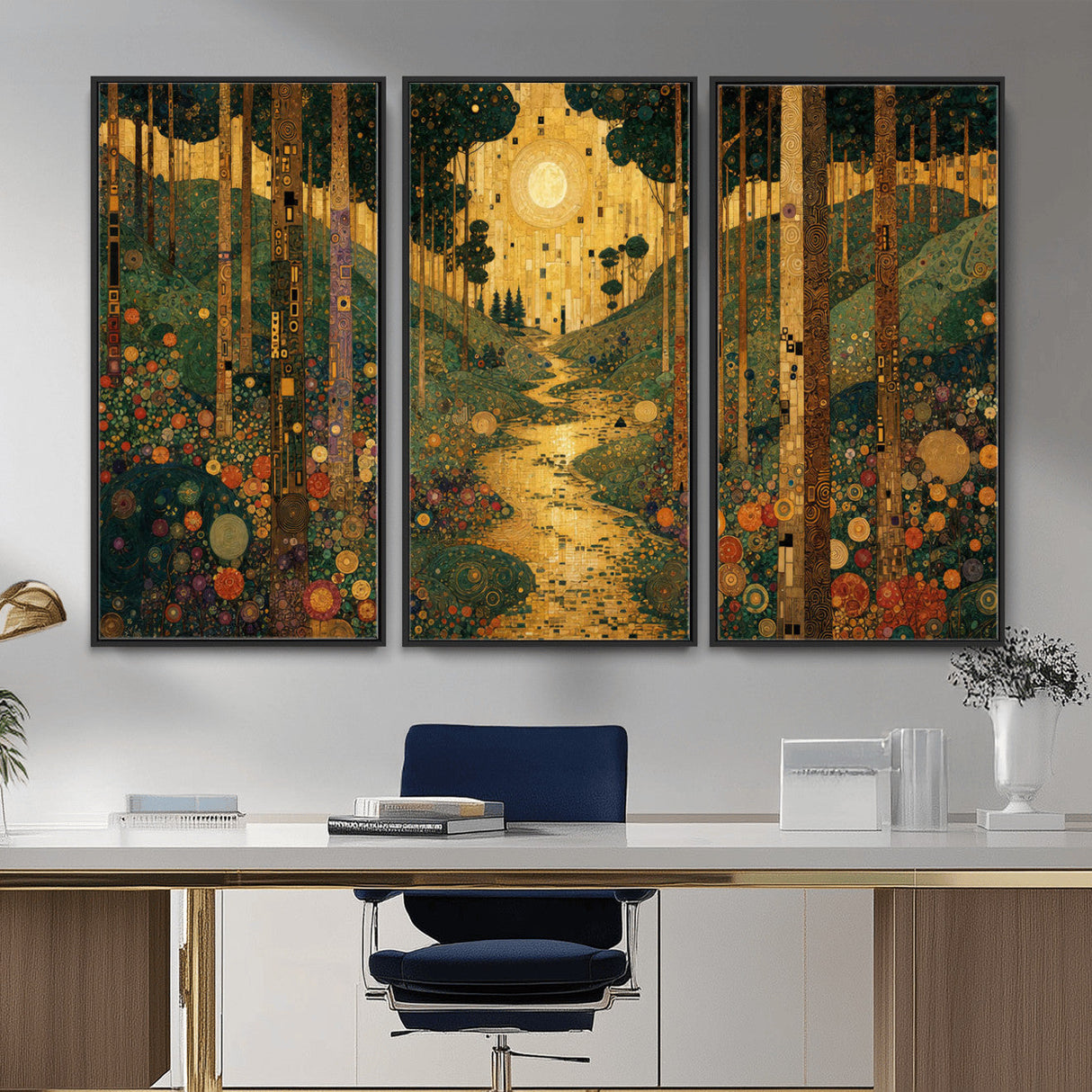 Gustav Klimt Style Forest Canvas Wall Art, Golden Forest Path Floral Art Nouveau Print, Enchanted Woodland Decor