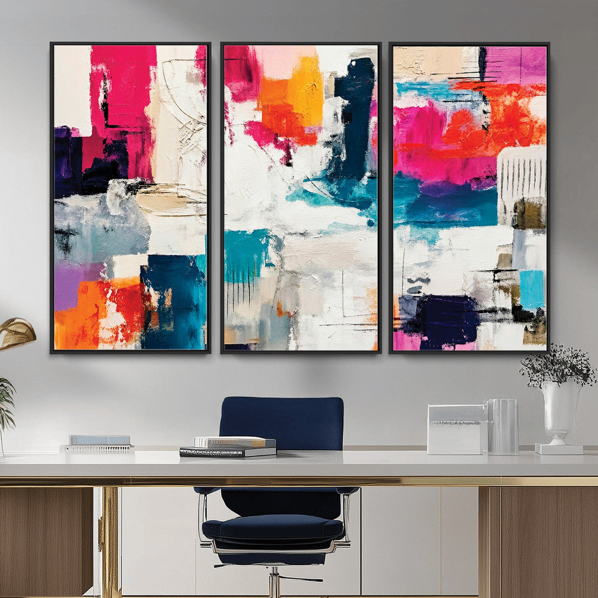 Blue Teal Abstract Canvas Wall Art, Modern Textured Painting Print, Navy Orange White Contemporary Art, Neutral Living Room Decor, Office Art