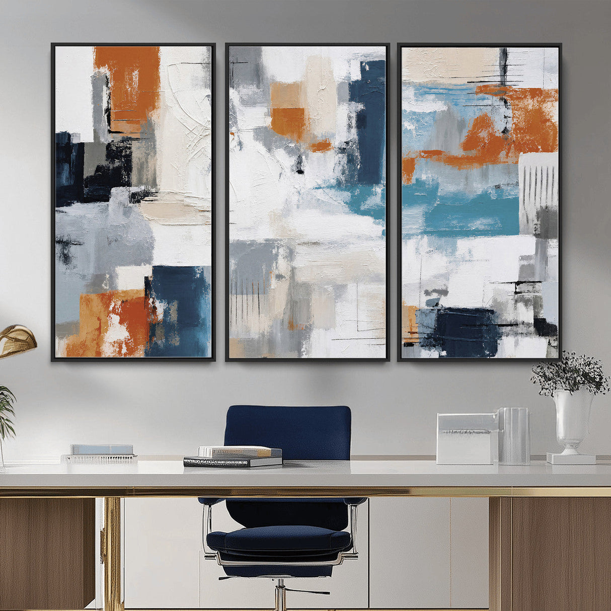 Blue Teal Abstract Canvas Wall Art, Modern Textured Painting Print, Navy Orange White Contemporary Art, Neutral Living Room Decor, Office Art