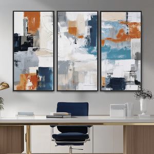 Blue Teal Abstract Canvas Wall Art, Modern Textured Painting Print, Navy Orange White Contemporary Art, Neutral Living Room Decor, Office Art