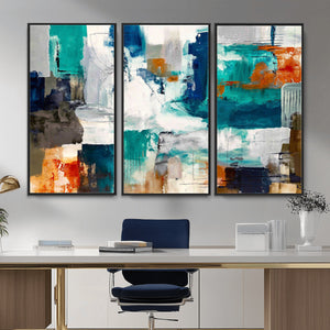 Blue Teal Abstract Canvas Wall Art, Modern Textured Painting Print, Navy Orange White Contemporary Art, Neutral Living Room Decor, Office Art