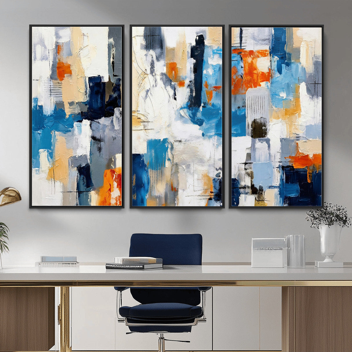 Blue Teal Abstract Canvas Wall Art, Modern Textured Painting Print, Navy Orange White Contemporary Art, Neutral Living Room Decor, Office Art