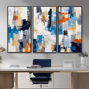 Blue Teal Abstract Canvas Wall Art, Modern Textured Painting Print, Navy Orange White Contemporary Art, Neutral Living Room Decor, Office Art