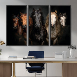 Horse Wall Art Canvas Print, Wild Horses Portrait Photography, Dramatic Equestrian Decor, Black Brown White Horse Herd, Rustic Ranch Art