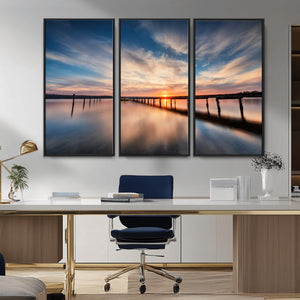 Wooden Pier on Seascape and Sunset Wall Art Canvas Print