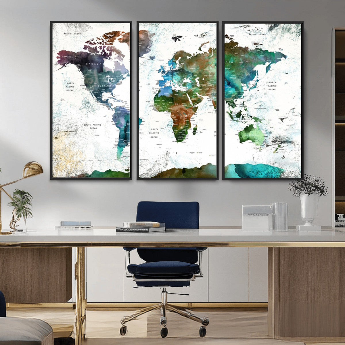 Modern Watercolor World Map Canvas Wall Art – Framed
