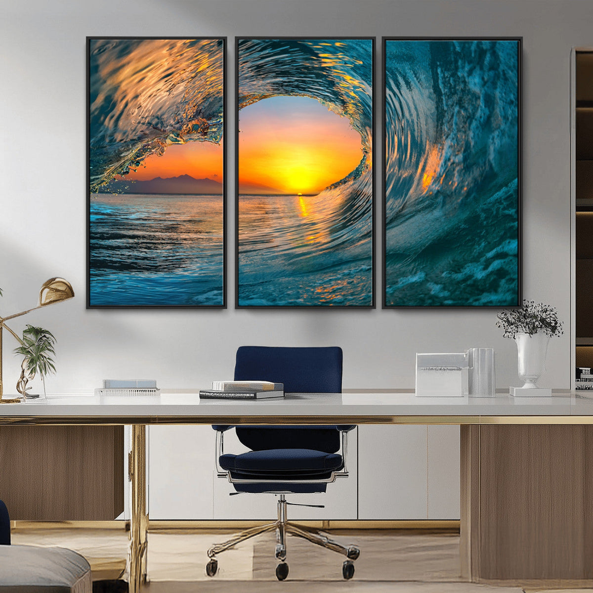 Ocean Wave Sunset Wall Art | Large Coastal Wave Canvas Print