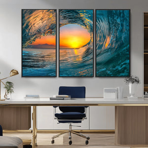 Ocean Wave Sunset Wall Art | Large Coastal Wave Canvas Print