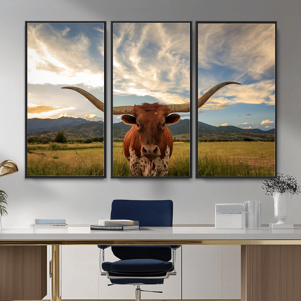 Texas Longhorn Canvas Wall Art – Majestic Triptych Animal