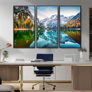 Spectacular autumn view of Braies Lake Wall Art Canvas Print