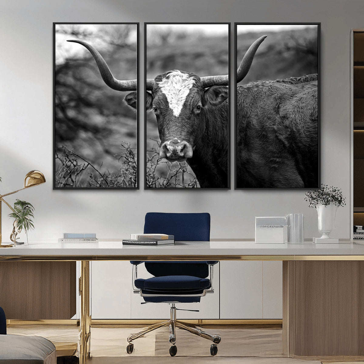 Western Home Wall Art Canvas Print, Framed Texas Longhorn