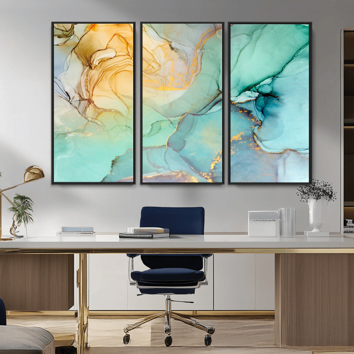 Abstract Aqua and Gold Fluid Wall Art Canvas | 3 Panel Large