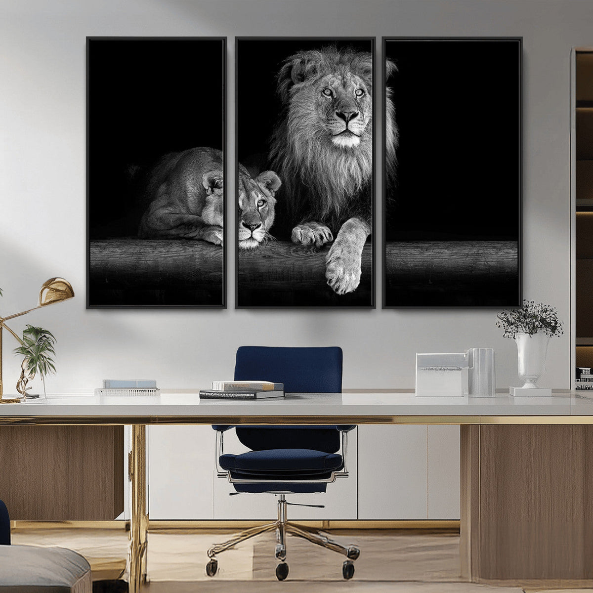 Large Black and White Lion Couple Wall Art Canvas Print –