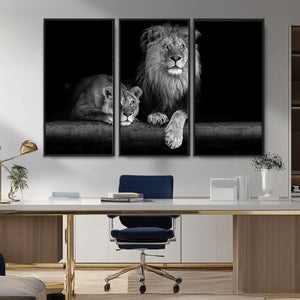 Large Black and White Lion Couple Wall Art Canvas Print –