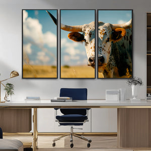 Longhorn in the Prairie - Stunning Ranch-Style Triptych Wall