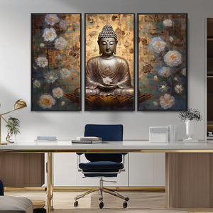 Golden Buddha Wall Art Canvas Print | Zen Meditation Floral