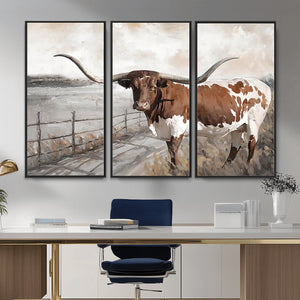 Vintage Texas Cow Wall Art Canvas Print, Rustic Longhorn