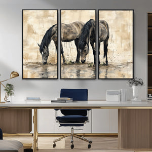 Chinese Style Abstract Black Horses Wall Art Canvas Print -