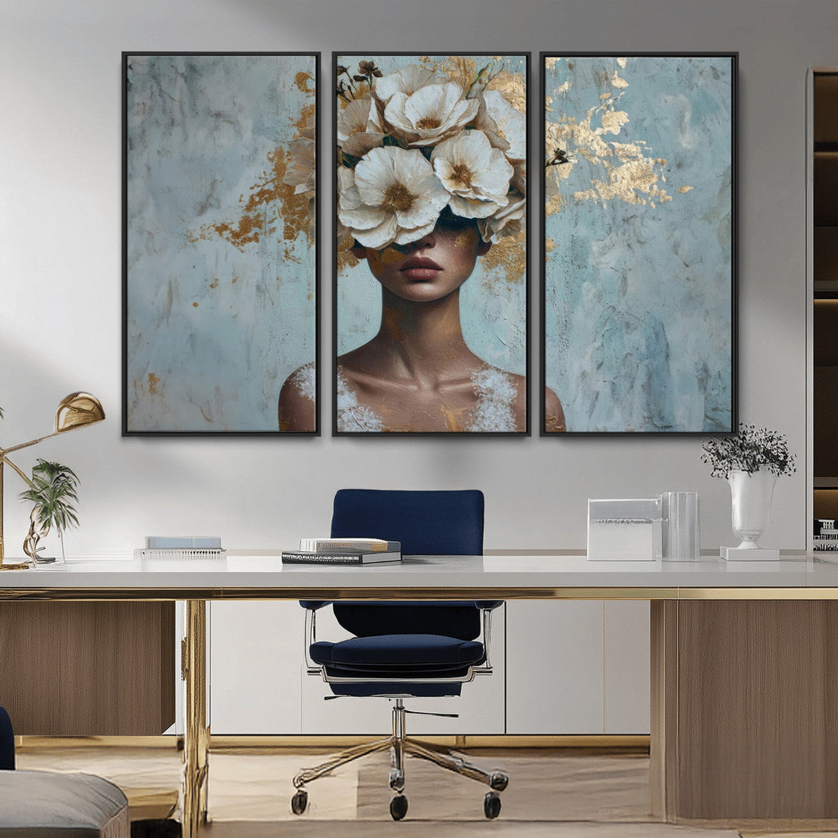 Golden Petal Wall Art - Petal Silhouette Woman Wall Art