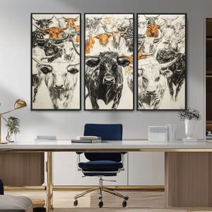 Farmhouse Wall Art | Western Longhorn Cattle Canvas Print |