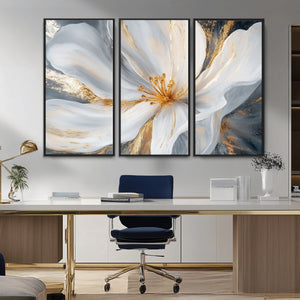 White and Gold Floral Canvas Wall Art - Framed and Ready to