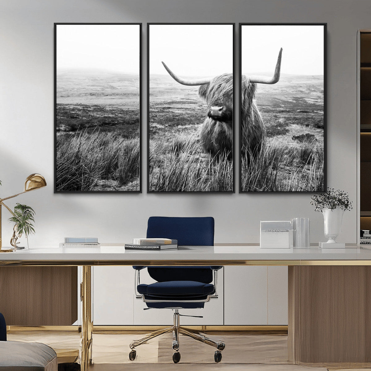 Scottish Highland Cow Wall Art | Black and White Canvas