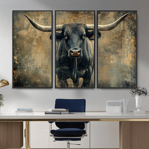 Texas Longhorn Bull Wall Art – Framed Rustic Cow Canvas