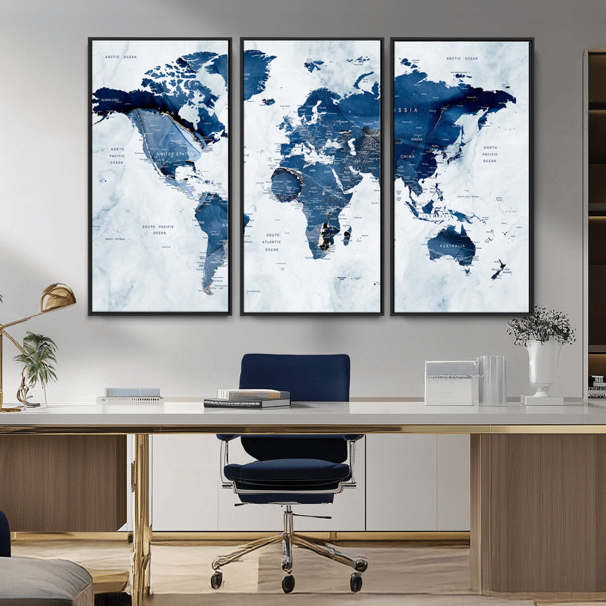 Modern Blue World Map Canvas Print – Framed Wall Art,