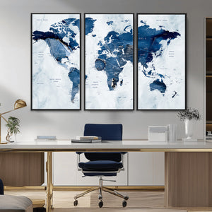 Modern Blue World Map Canvas Print – Framed Wall Art,