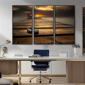Stones on Wooden Pier at Sunset Canvas Print, Serene Coastal