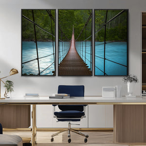 Suspension Bridge Over River Canvas Art | 3-Panel Nature