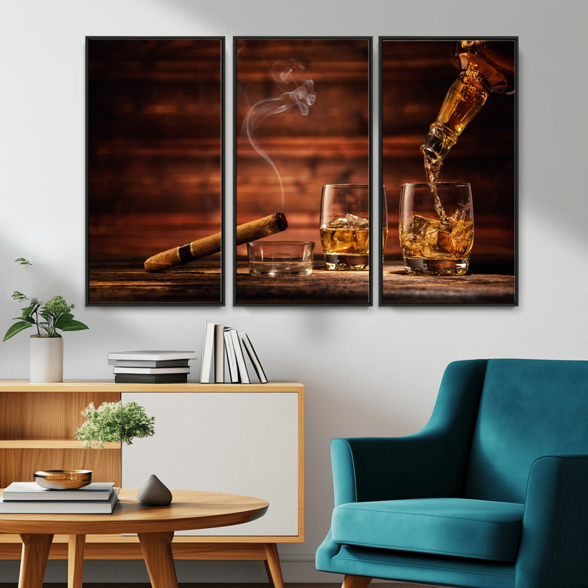 Whiskey and Cigar Wall Art Canvas | 3 Panel Bar Room Decor